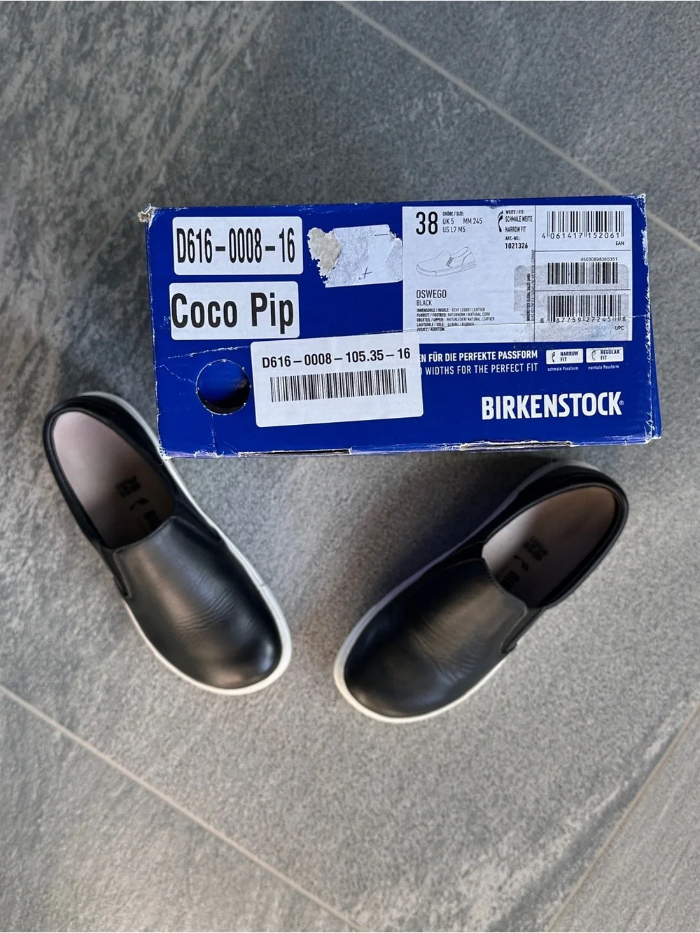 NIB Birkenstock Oswego Black Leather Slip‑On Shoe Travel Comfort Cork 38 Narrow